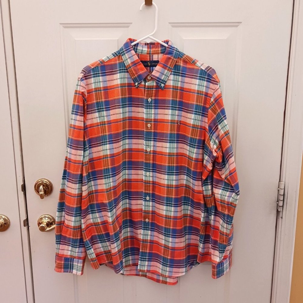 Ralph‎ Lauren Men's Orange & Blue Plaid Cotton Long Sleeve Shirt XL